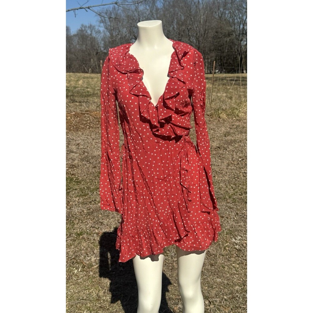 Realisation Silk Par Diane Red w Star Print Ruffle Mini Wrap Dress Women's XS